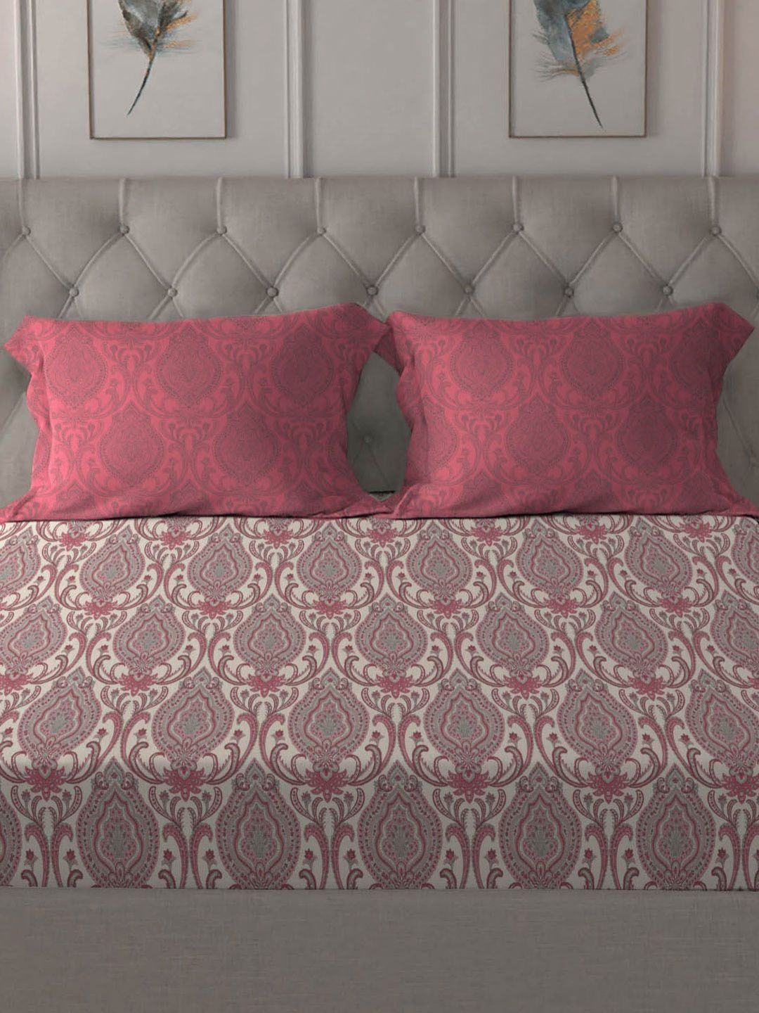 MYTRIDENT Ornate Red Dusk & Dawn Flat 144TC Queen Cotton Bedsheet Set