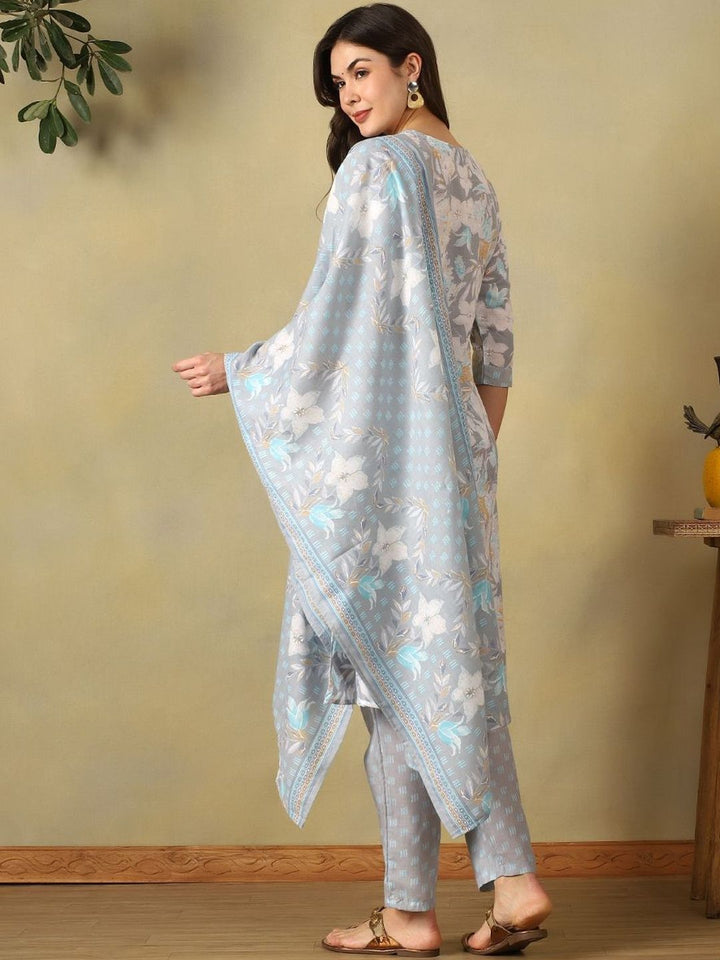 Mamicha Women Floral Printed Regular Mirror Work Pure Cotton Kurta with Trousers & With Dupatta