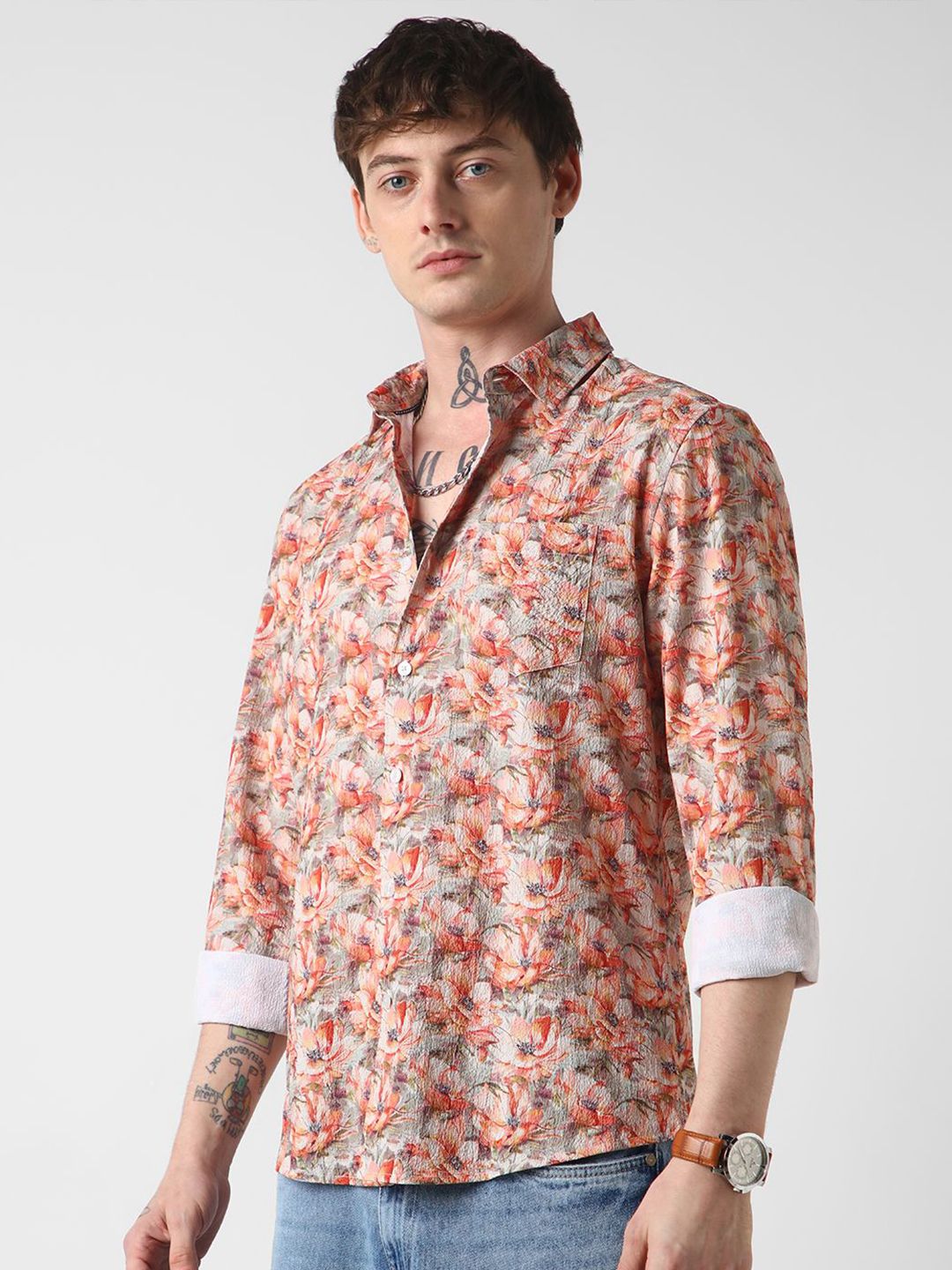 VASTRADO Men Classic Spread Collar Floral Printed Slim Fit Casual Shirt