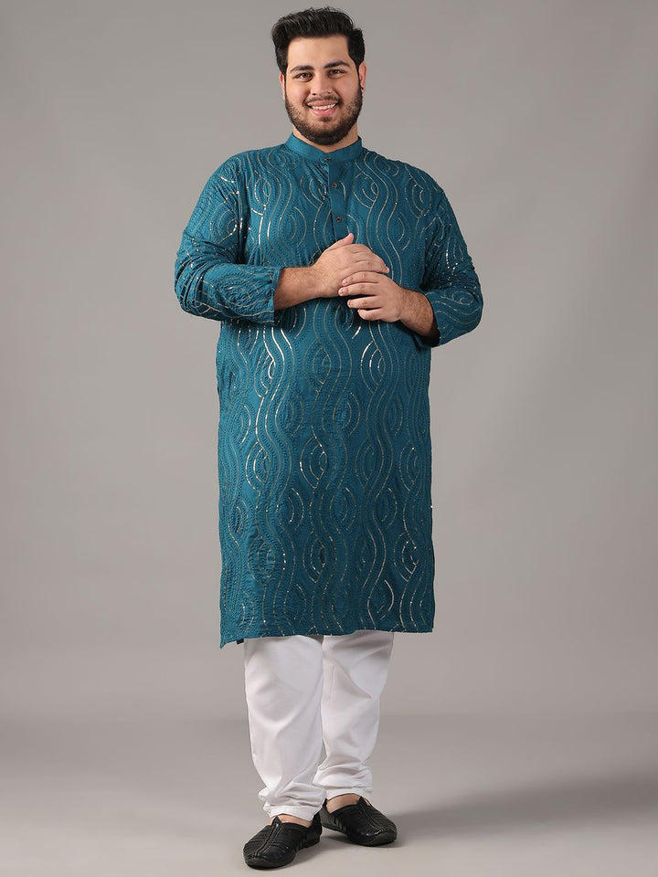 SOJANYA PLUS Size Floral Embroidered Band Collar Sequin Cotton Straight Kurta