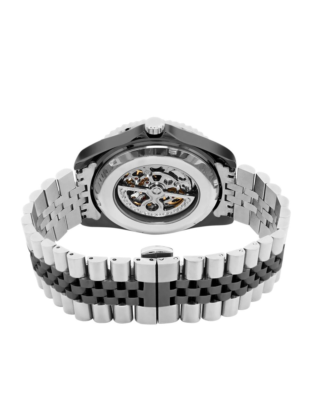 Sambungan Perancis Lelaki Skeleton Dial & Gelang Gelang Keluli Tahan Karat Tali Analog Automatic Motion Watch