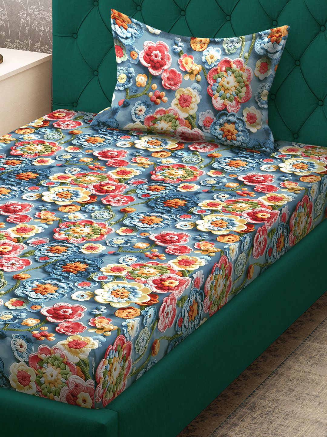 KLOTTHE Biru & Merah Bunga Bercetak 300 TC Cadar 7D Tunggal Dengan Sarung Bantal- 2.25mx1.5m