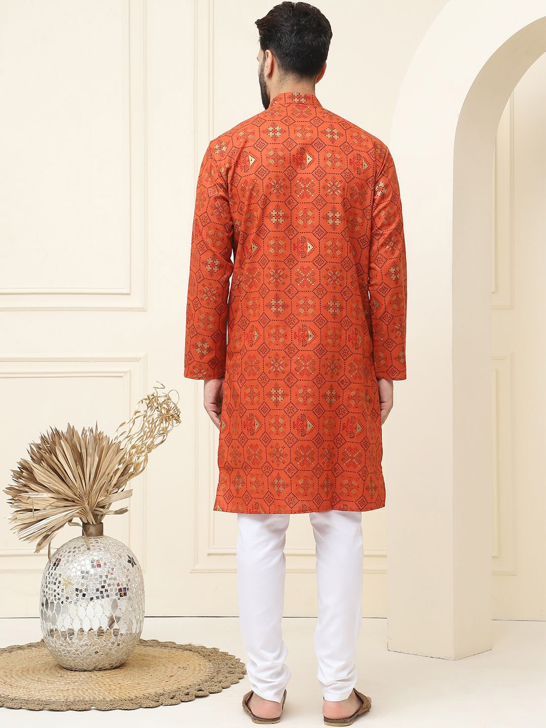SOJANYA Ethnic Motifs Printed Mandarin Collar Cotton Linen Straight Kurta with Pyjamas