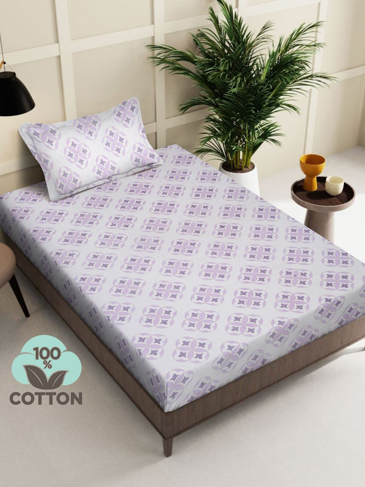 Myntra Elegant Homes White & Purple Geometric 400 TC Single Cadar dengan 1 Sarung Bantal