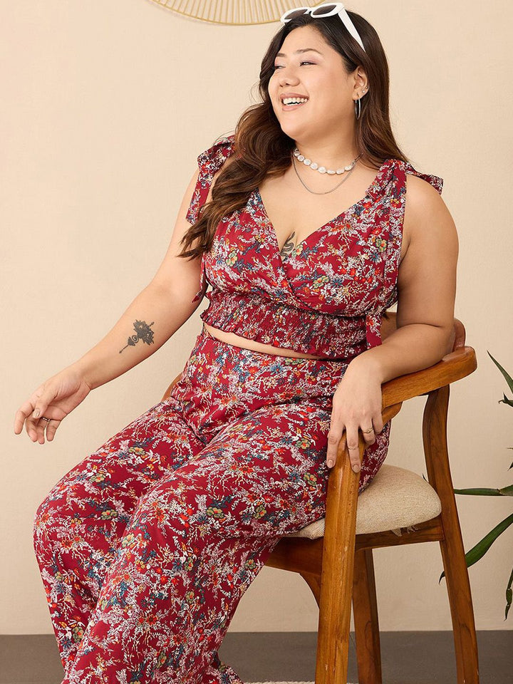 Berrylush Curve Maroon Plus Size Floral Printed V-Neck Top & Trousers