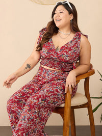 Berrylush Curve Maroon Plus Size Floral Printed V-Neck Top & Trousers