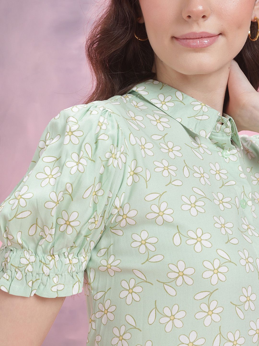 DressBerry Floral Print Puff Sleeve Shirt Style Top