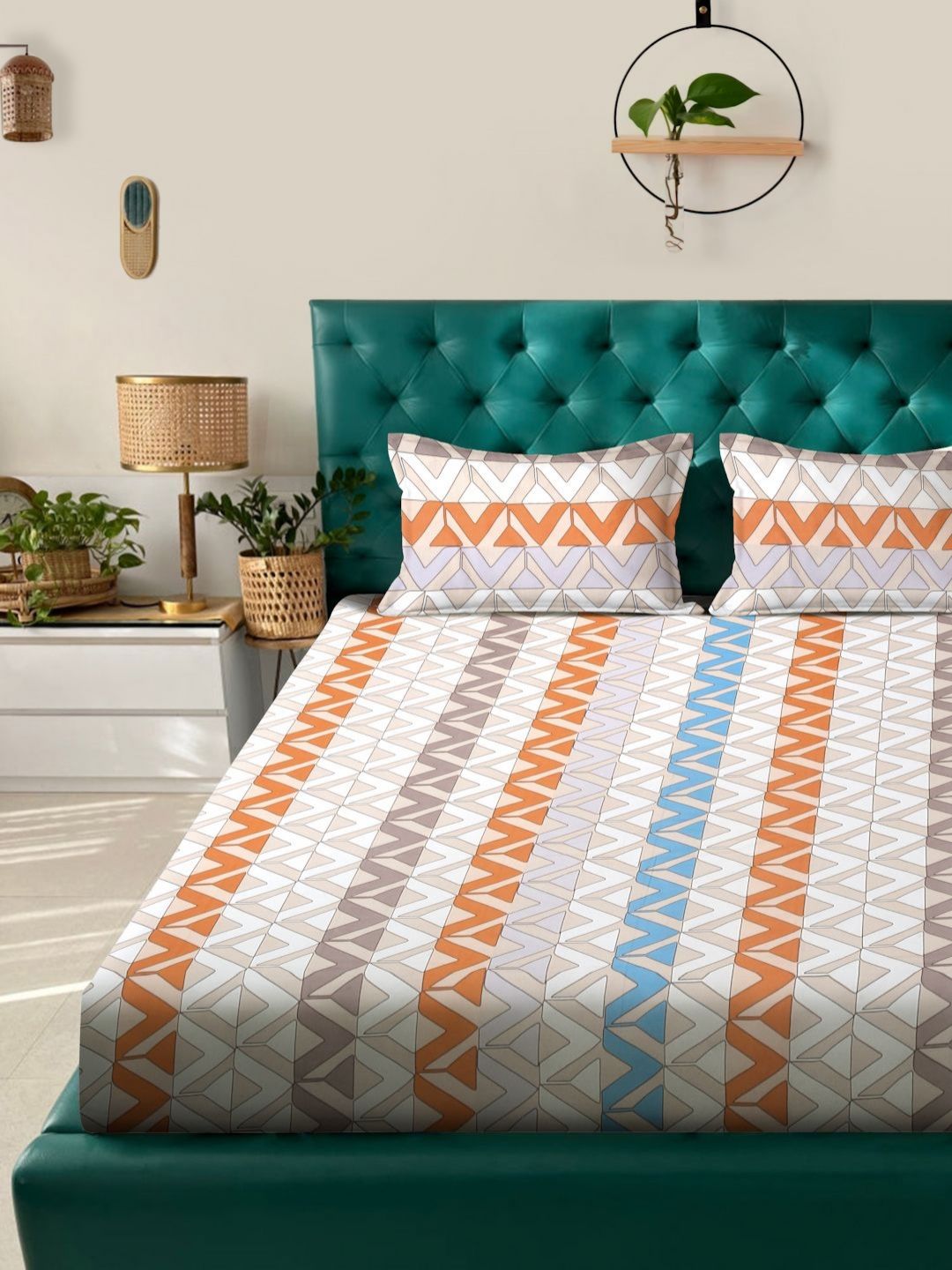 Myntra Elegant Homes Peach Geometric Cotton 300 TC Fitted King Cadar Halus dengan 2 Sarung Bantal-98 x 89 inci