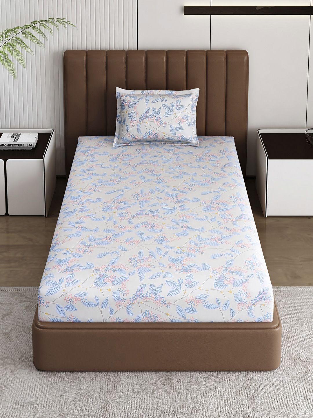 Monte Carlo Pixel Blue & White Floral Printed 120 TC Single Bedsheet Set 1.52 m x 2.30 m