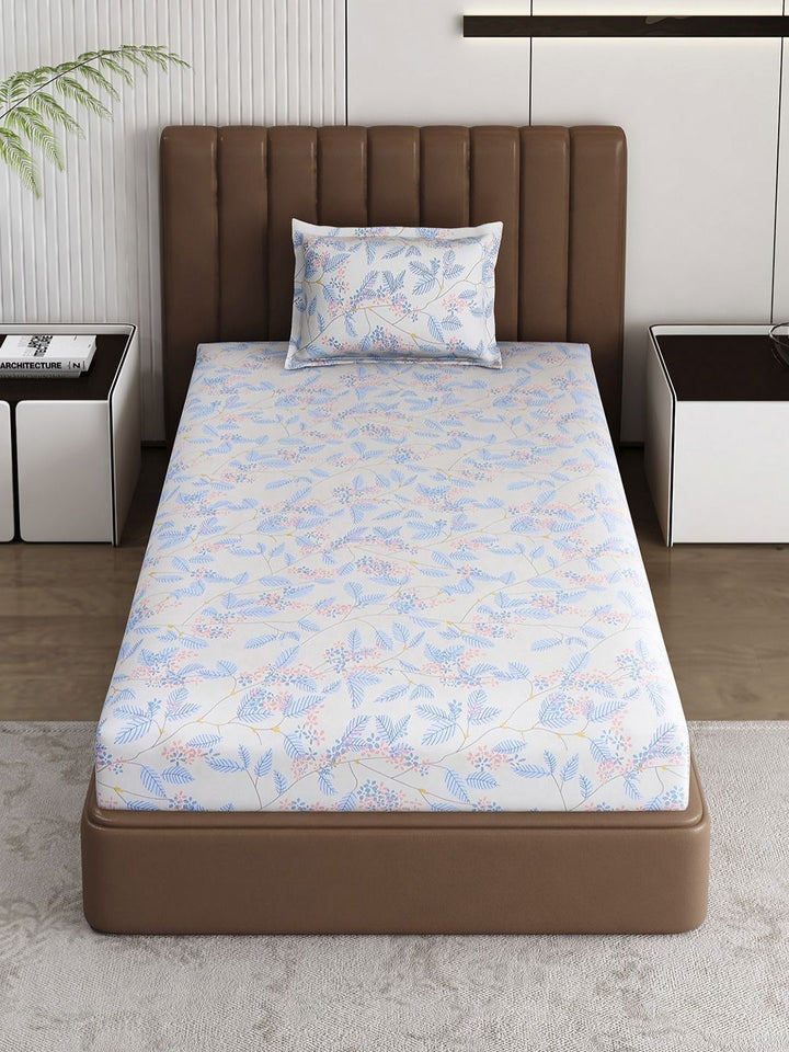 Monte Carlo Pixel Blue & White Floral Printed 120 TC Single Bedsheet Set 1.52 m x 2.30 m