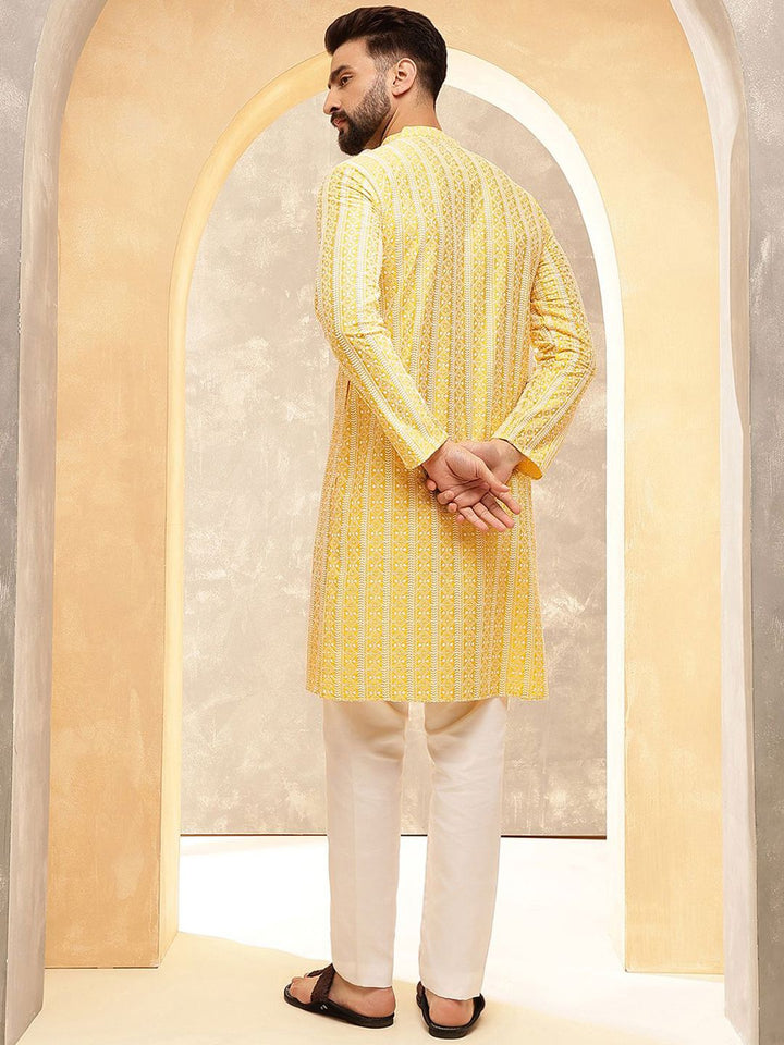 Anouk Yellow & White Band Collar Geometric Sulam Kurta Lurus Kapas Tulen