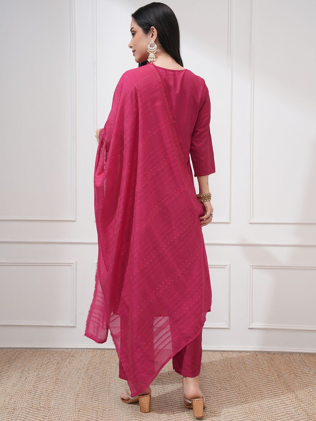 Vishudh Ethnic Woven Design Jacquard Straight Kurta With Trouser And Dupatta