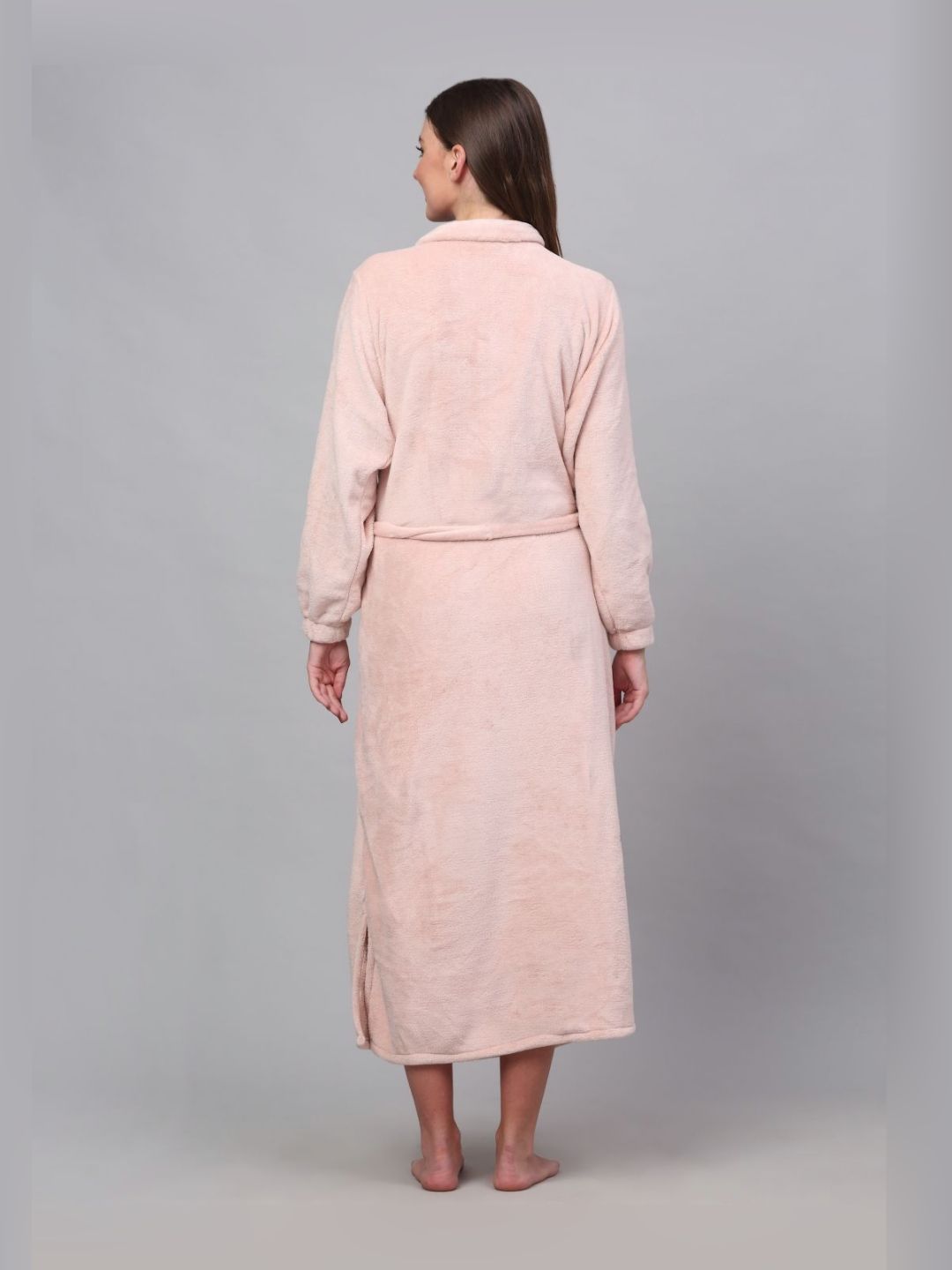 KLOTTHE Pink Shirt Collar Woollen Bath Robe With Belt