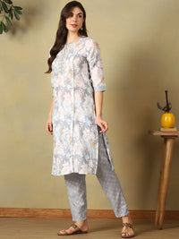 Mamicha Women Floral Printed Regular Mirror Work Pure Cotton Kurta with Trousers & With Dupatta