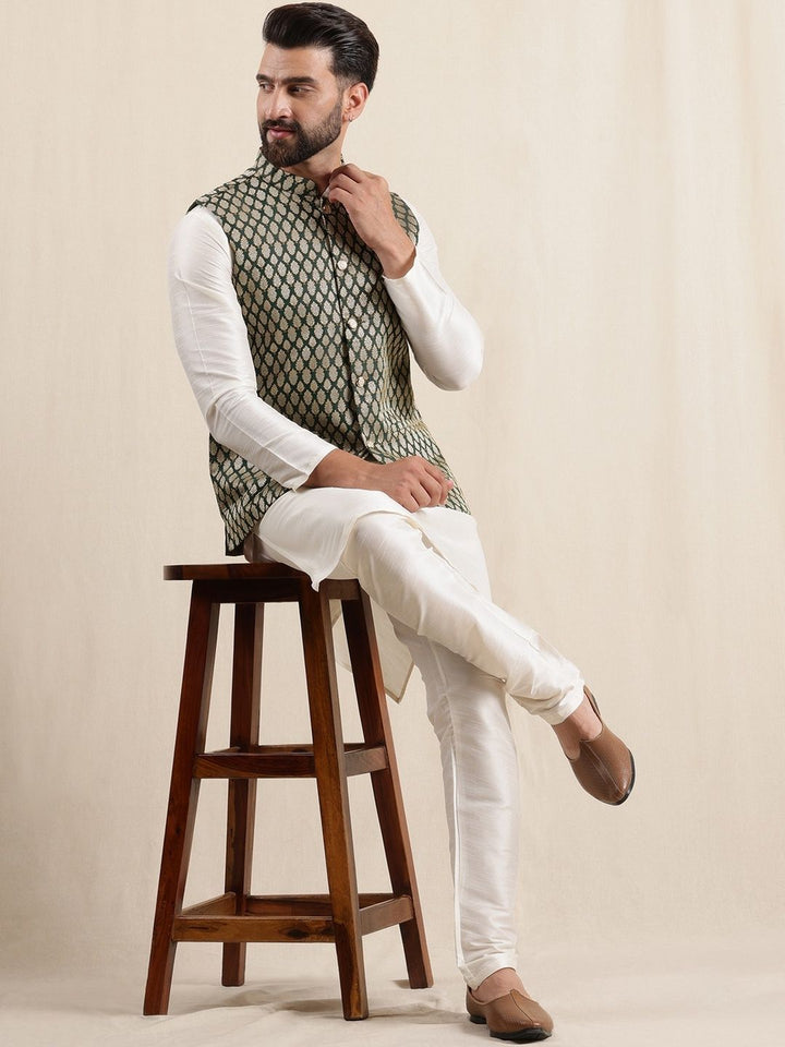 Anouk Men's Silk Blend Cream Kurta Pyjama With Woven Design Green Nehru Jacket