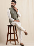 Anouk Men's Silk Blend Cream Kurta Pyjama With Woven Design Green Nehru Jacket