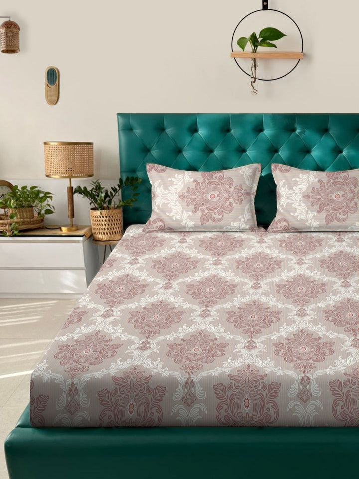 Aura Beige Ethnic Motifs Polycotton 300 TC King Fine Bedsheet dengan 2 Sarung Bantal-98 x 89 inci