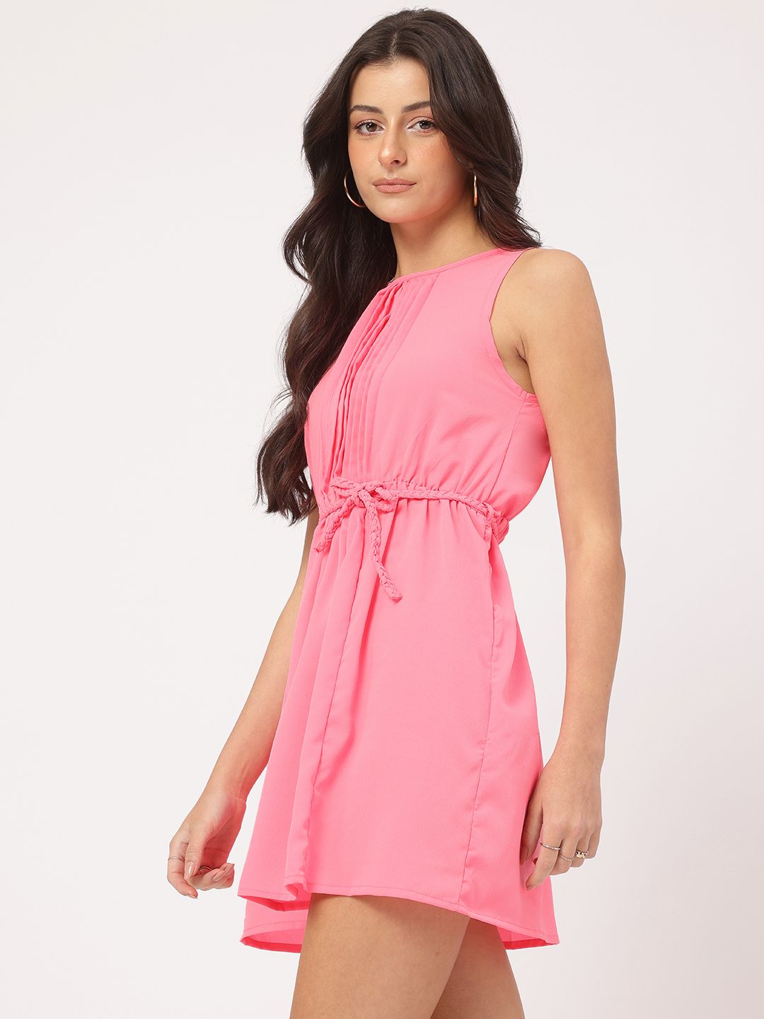 DressBerry Luxe Colorplay Belted Mini A-line Dress with Pintucks-Detail