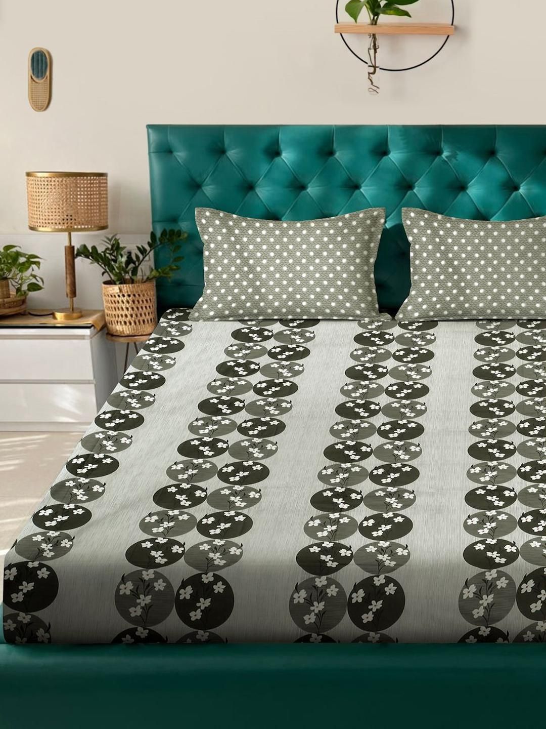 KLOTTHE Green Floral Printed Dilengkapi 400 TC Kapas Cadar King & 2 Sarung Bantal