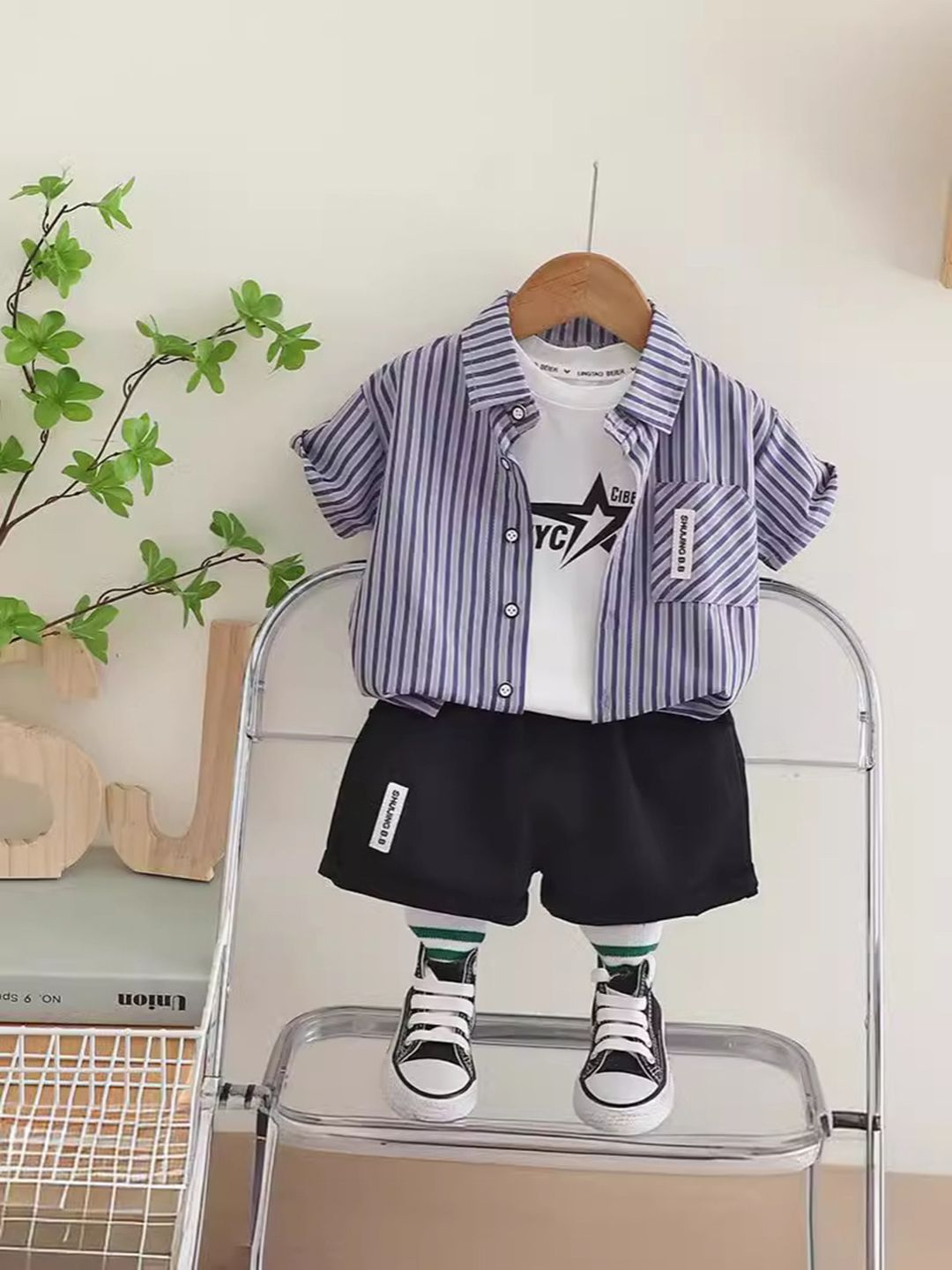 YK Boys Striped T-shirt & Shirt With Shorts