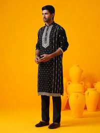 SOJANYA LUXE Geometric Embroidered Mandarin Collar Pure Silk Straight Kurta With Trouser