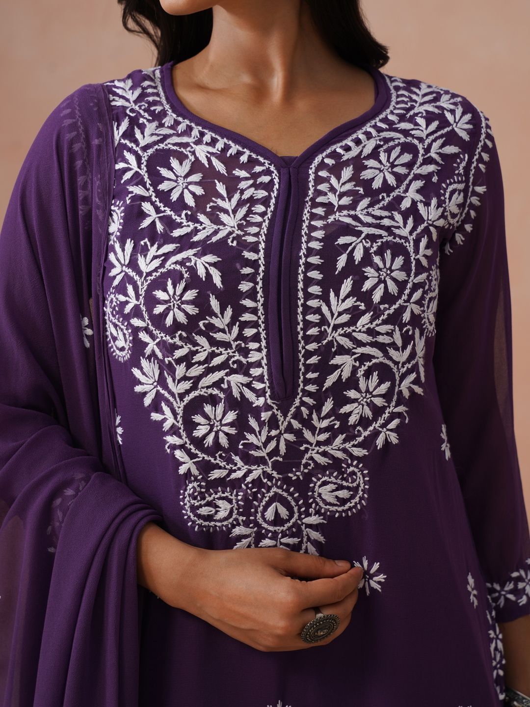 Rumah Wanita Chikankari Sulaman Bunga Chikankari Bunga Indie Georgette Kurta