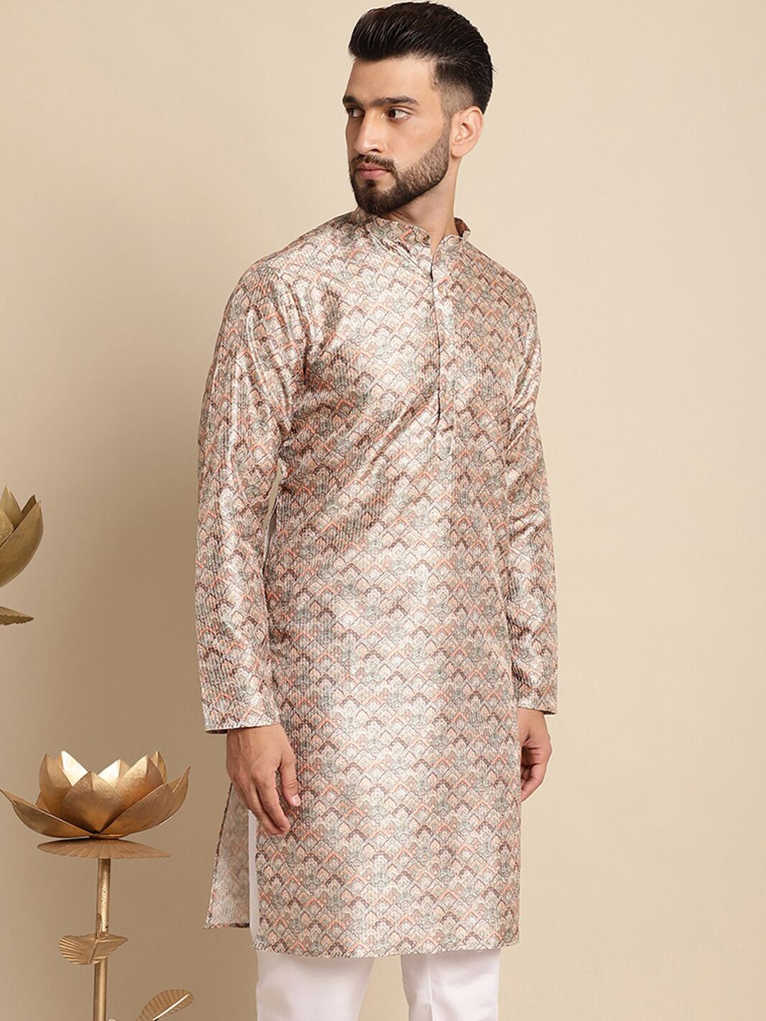 Anouk Ethnic Motifs Woven Design Band Collar Silk Cotton Regular Kurta