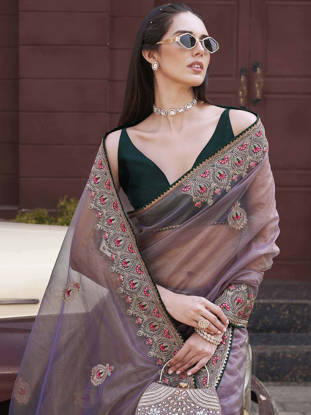 Tikhi Imli Ethnic Motifs Embroidered Net Saree