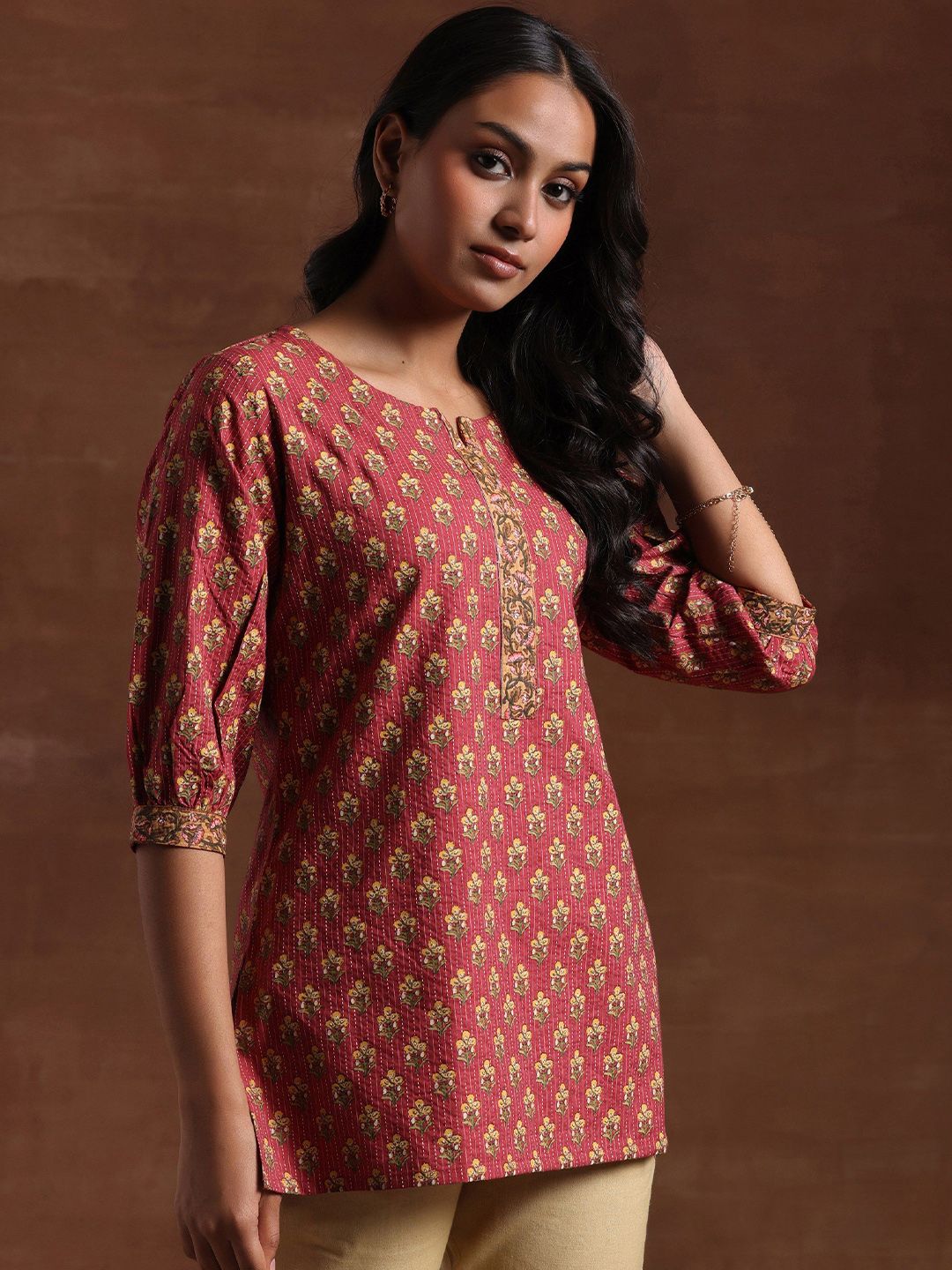 Libas Floral Printed Mirror Work Mirror Work Anarkali Kurti