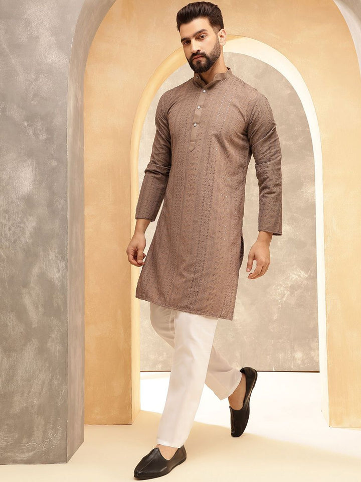 Anouk Brown Geometric Sequence Band Collar Straight Kurta