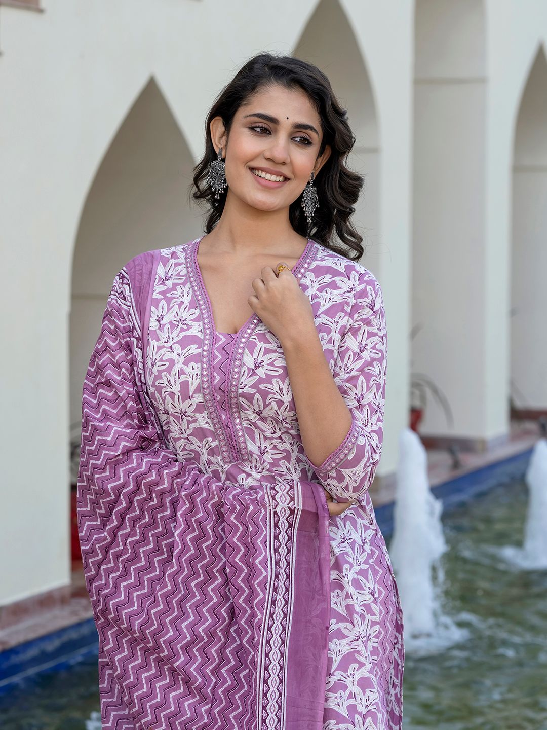 KALINI Women Floral Printed Regular Pure Cotton Kurta with Trousers & With Dupatta