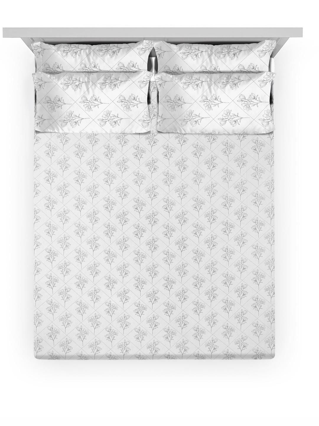 KLOTTHE Off White Printed Flat 400TC Pure Cotton Super King Bedsheet & 4 Pillow Covers