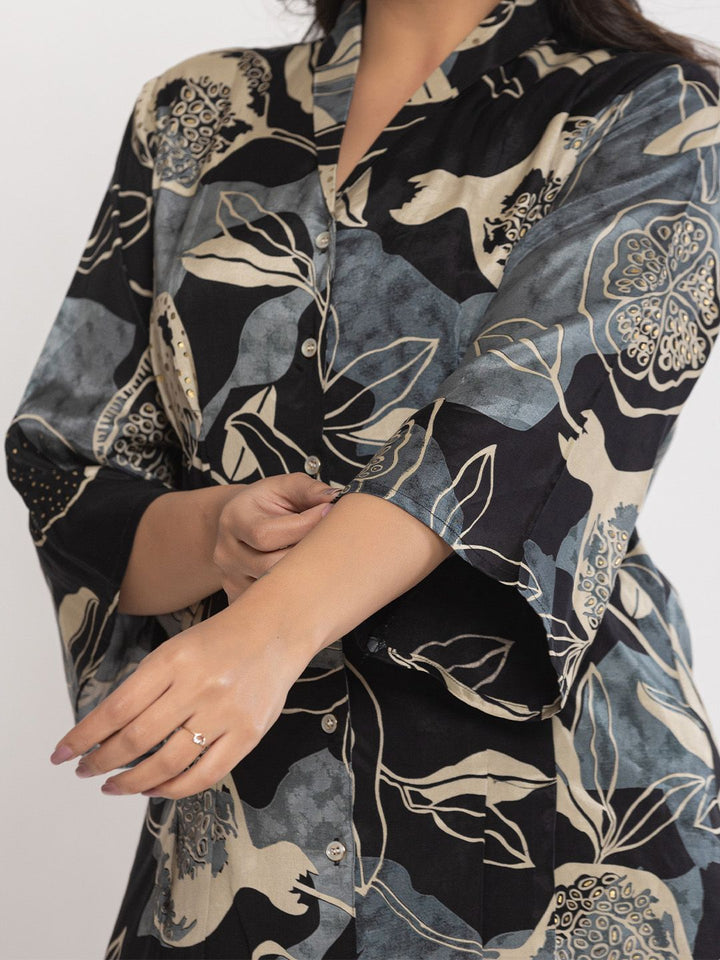 Varanga Printed Shirt Collar Top With Trousers Co-Ords