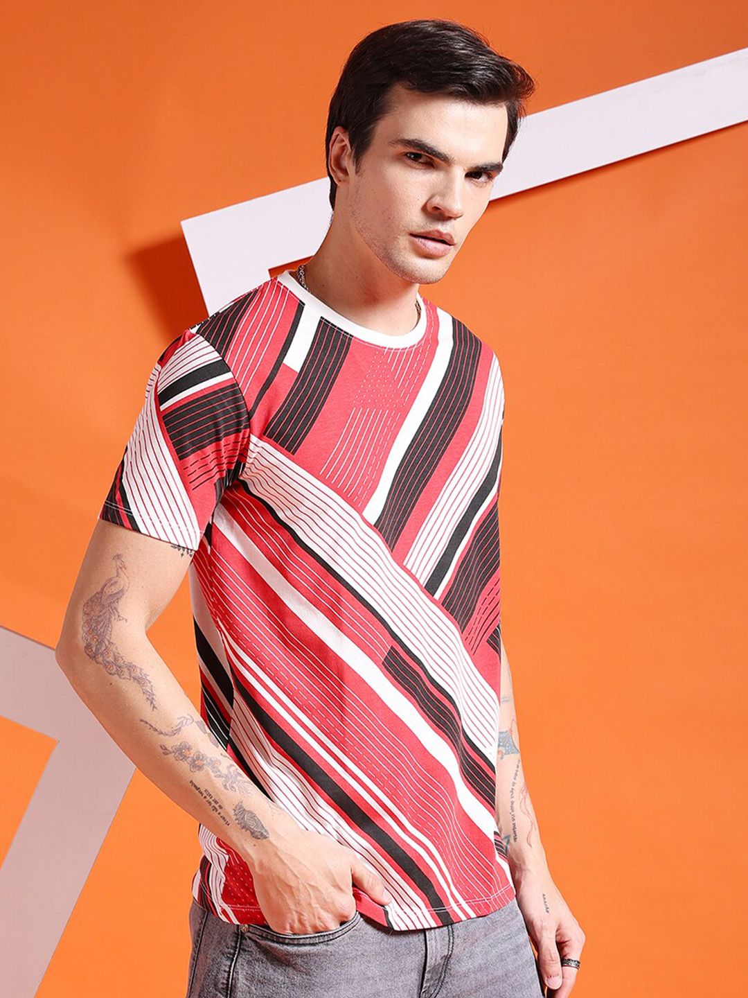 The Indian Garage Co Striped Round Neck T-Shirt