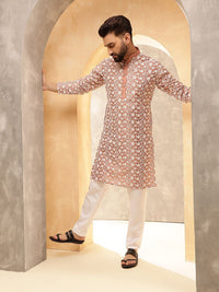 Anouk Peach Floral Embroidered Mandarin Collar Straight Kurta With Pyjamas