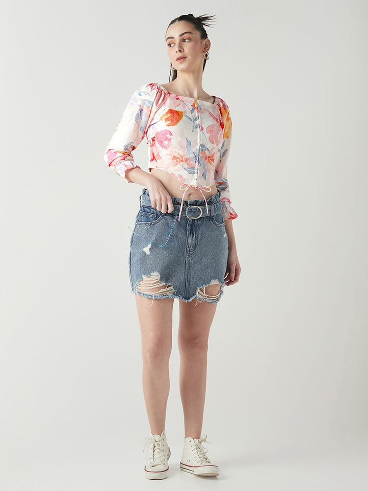 Bewakoof Women Floral Printed Puff Sleeve Crop Top