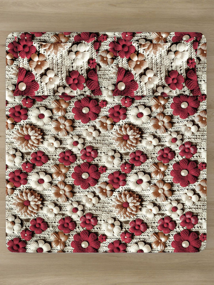 KLOTTHE Beige & Red Floral Printed Dilengkapi 300 TC King Double Cadar 7D & 2 Sarung Bantal