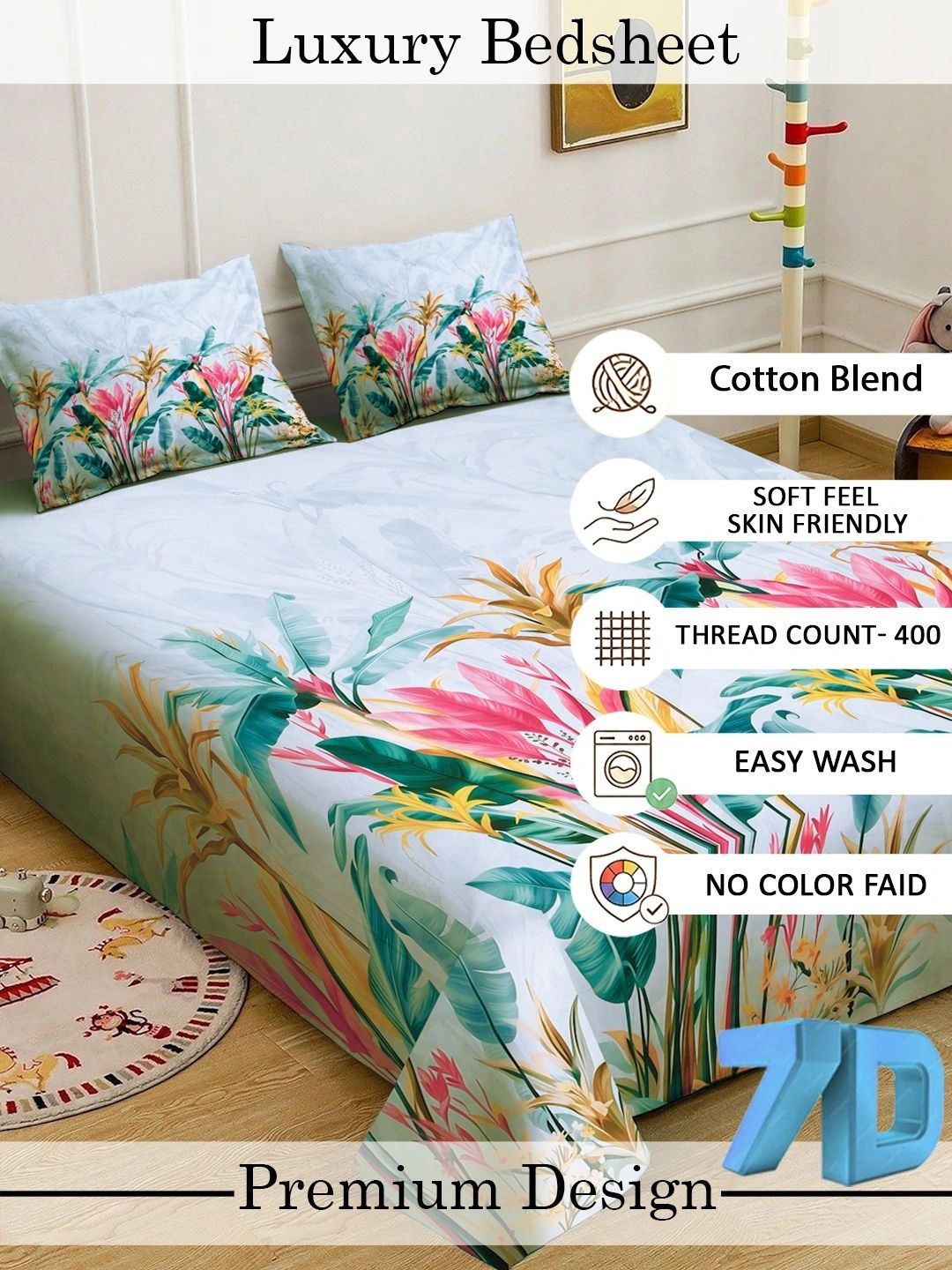 KLOTTHE Blue Floral Printed Flat 400 TC King 7D Bedsheet with 2 Pillow Covers