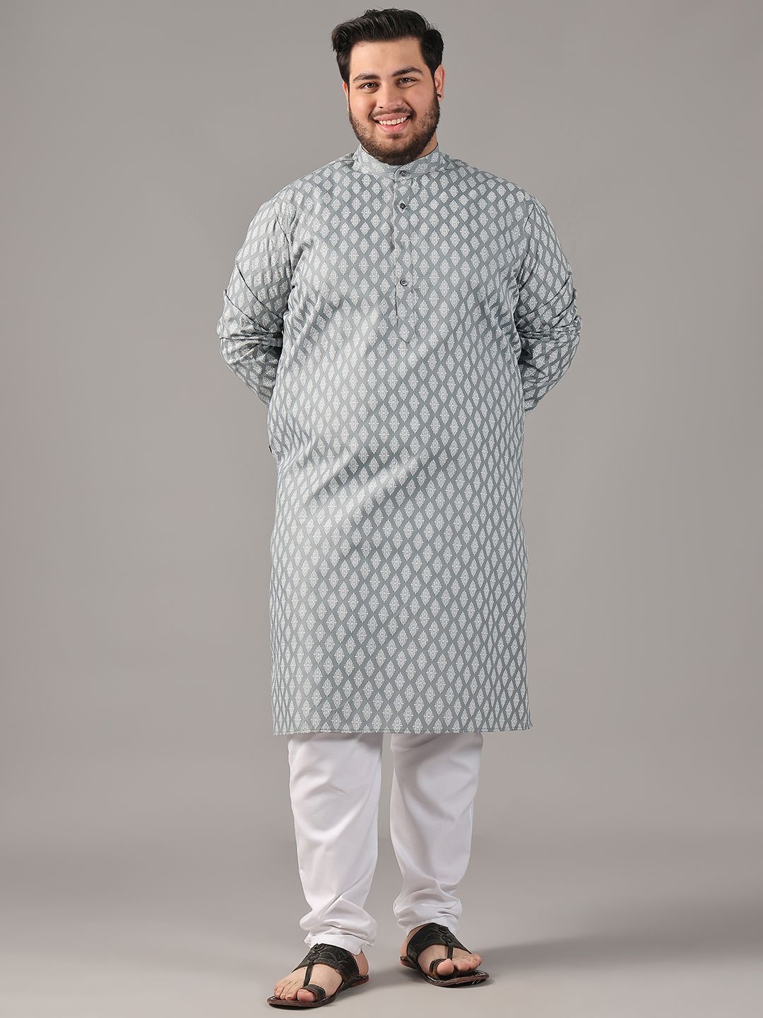 SOJANYA PLUS Plus Size Men Ethnic Motifs Printed Band Collar Straight Kurta With Pyjamas