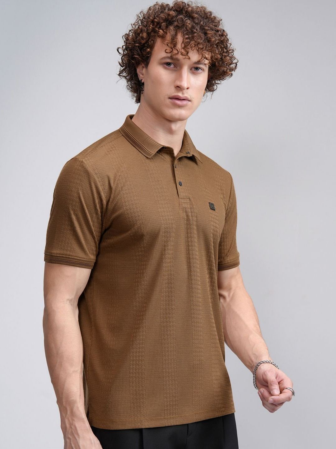 HIGHLANDER Men Self Design Regular Fit Polo T-shirt