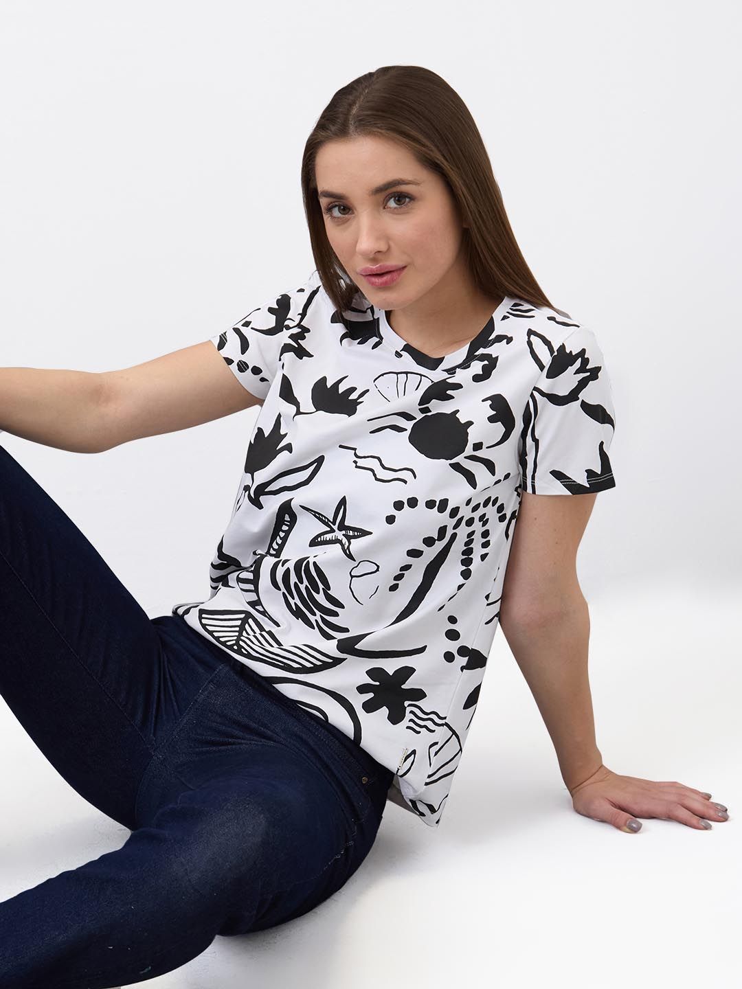 SPYKAR Women Regular Fit Abstract Printed Round Neck Cotton T-shirt