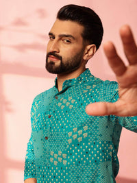 Anouk Floral Printed Band Collar Cotton Linen Straight Kurta