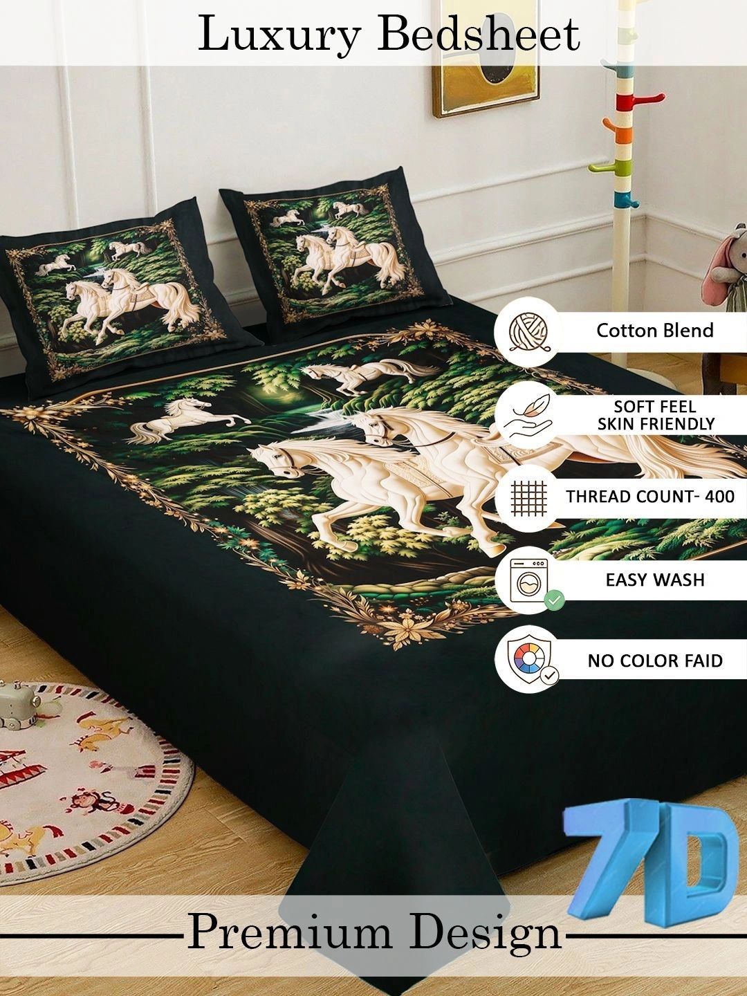 Myntra Elegant Homes Green & Black 400 TC King Bedsheet with 2 Pillow Covers