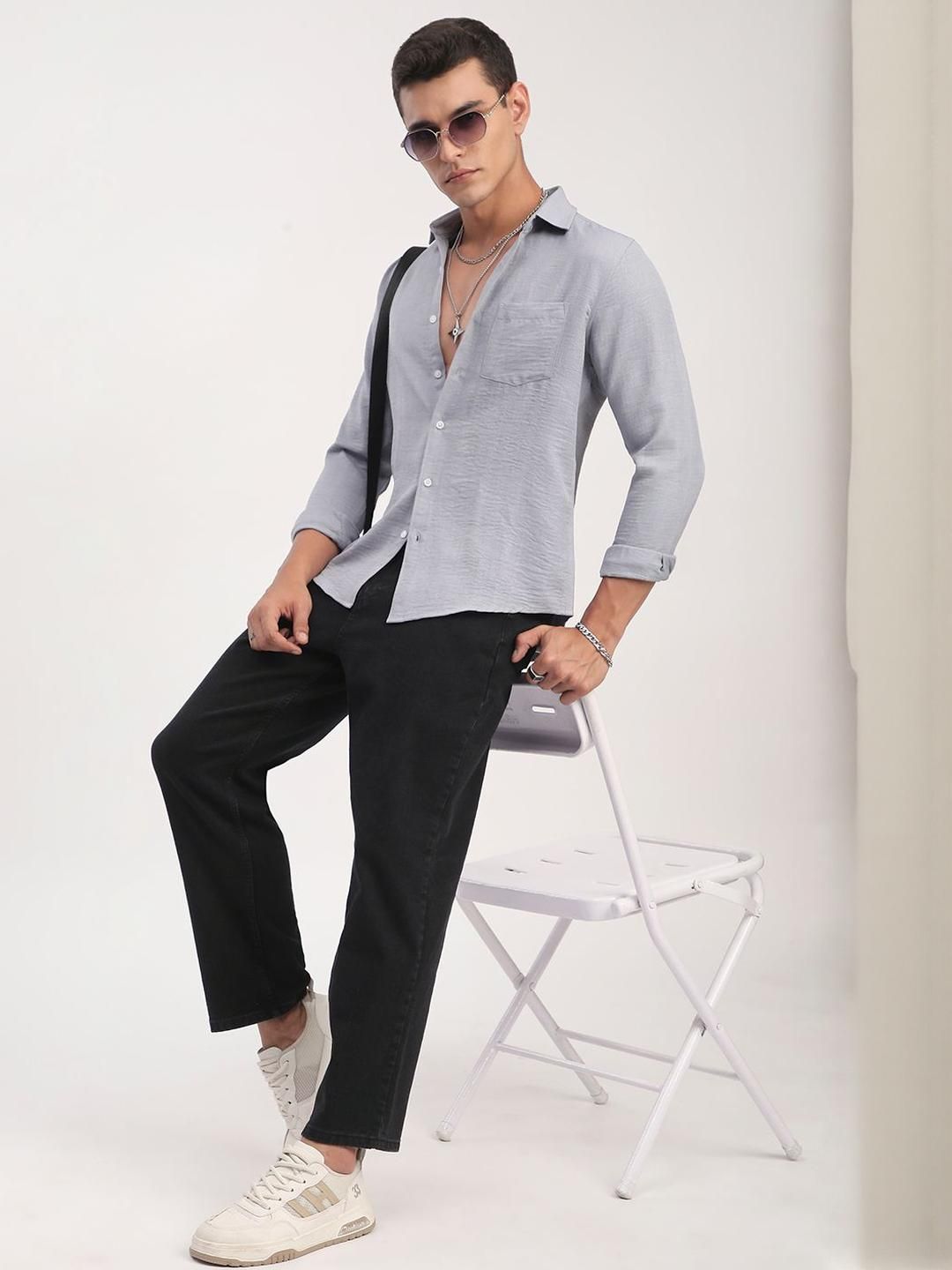 VASTRADO Classic Minimalist Crinkled Slim Fit Cotton Casual Shirt