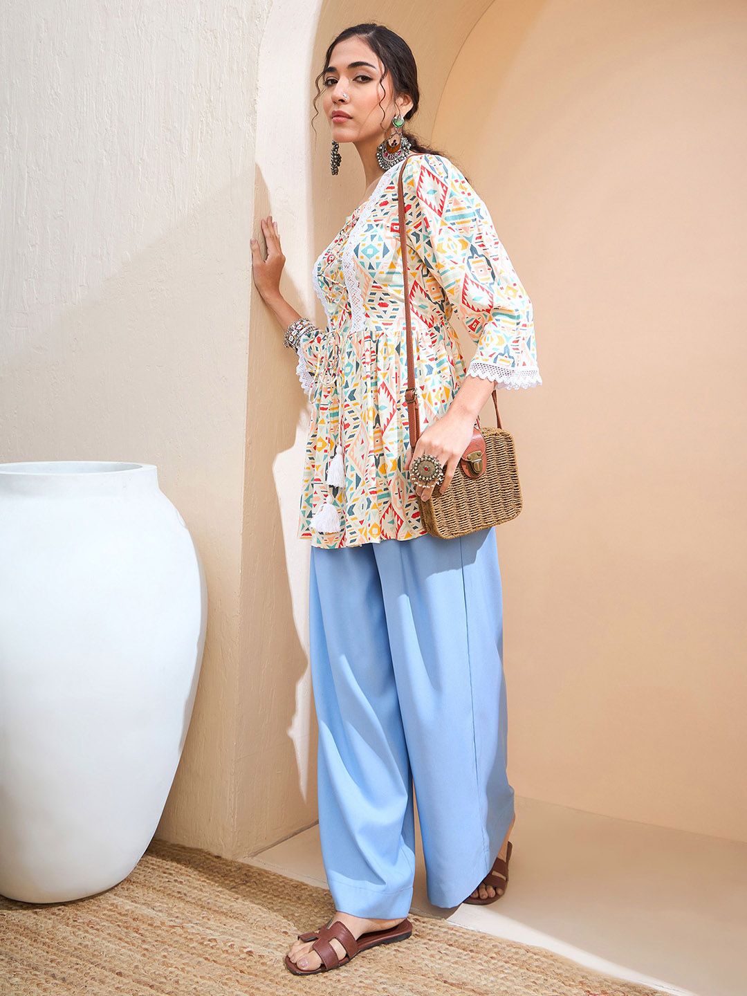 Shae by SASSAFRAS Geometric Printed Gotta Patti Gotta Patti Pleated Kurti