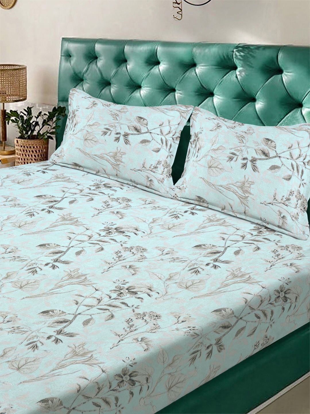 KLOTTHE Turquoise Floral Printed Fitted 300 TC King Double Bedsheet With 2 Pillow Covers