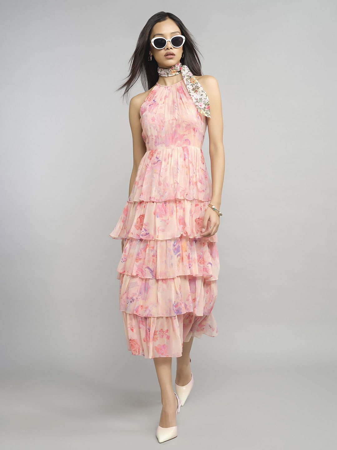 AND Floral Printed Halter Neck Layered Fit & Flare Midi Dress