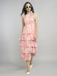 AND Floral Printed Halter Neck Layered Fit & Flare Midi Dress