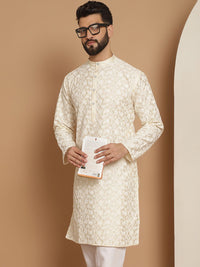 Kurta Kerja Benang Motif Etnik Berwarna Krim Lelaki Anouk