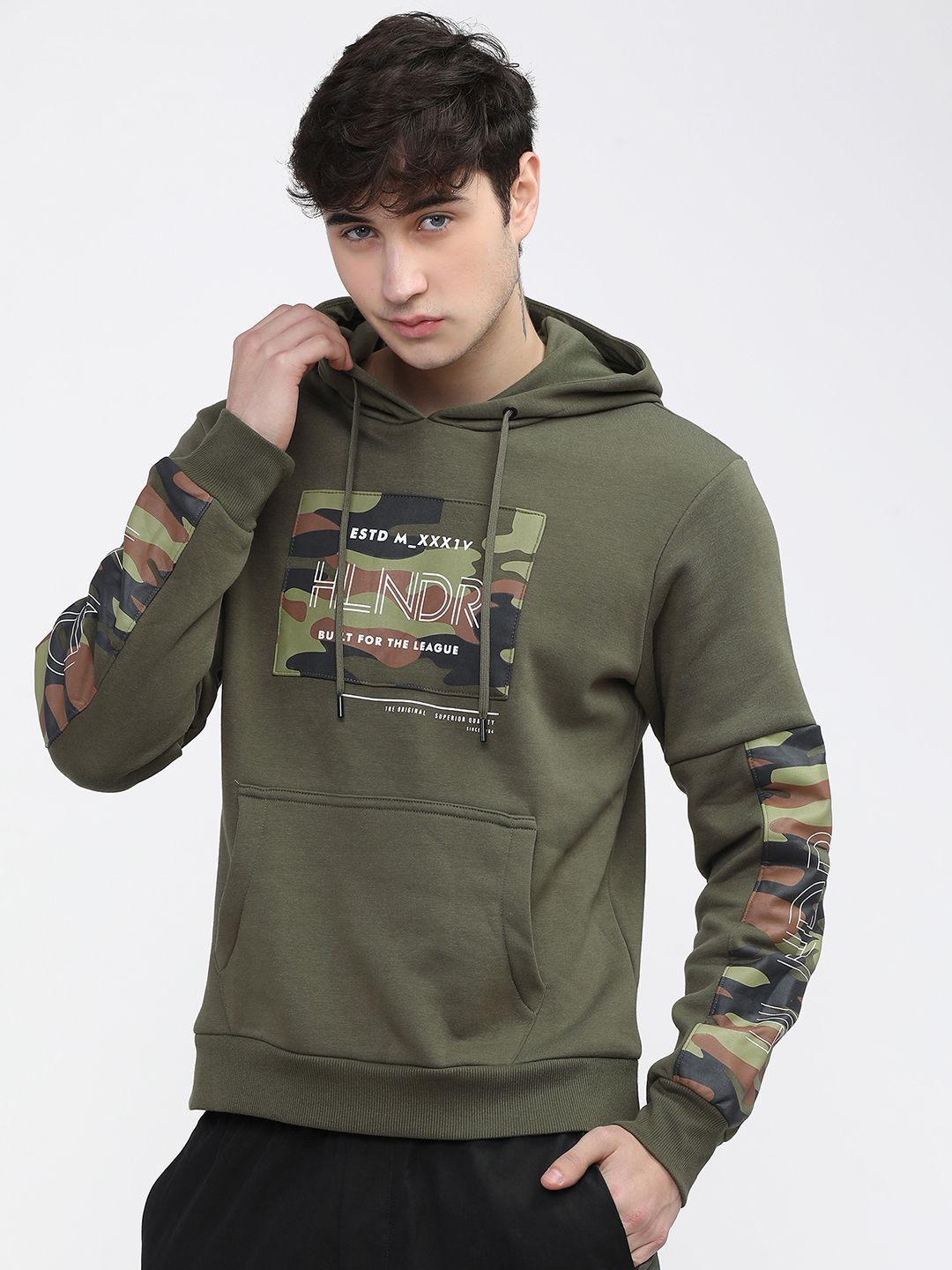 HIGHLANDER Men Typography Printed Hood Cotton Pullover Sweatshirt
